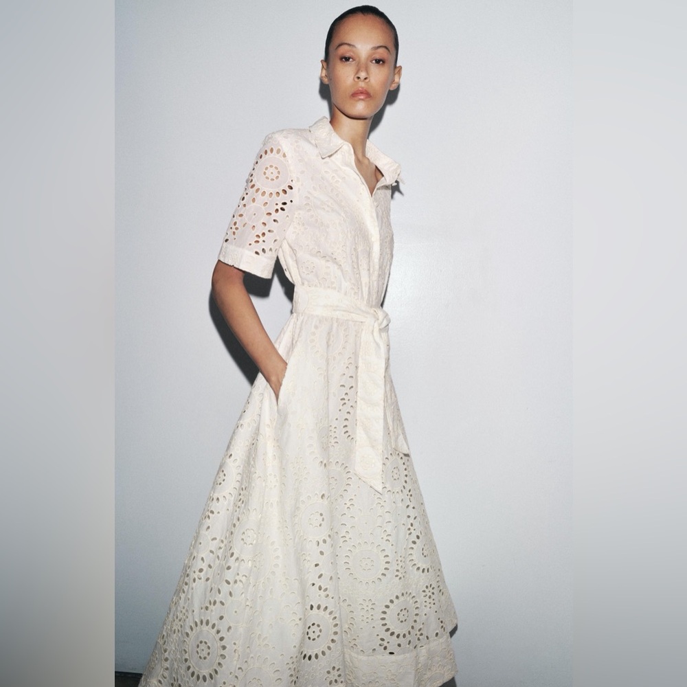 Zara Eyelet Embroidered White Midi Shirt Dress Belt Bridal Graduation NWT XS